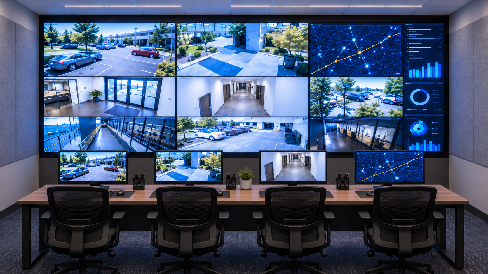 Simulação de sala de controle com quatro estações, cada monitor exibindo uma parte diferente do painel de LED na parede