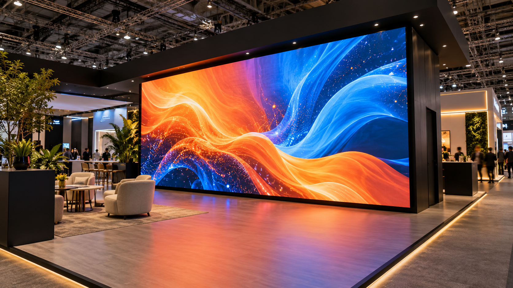 Simulação de um painel de LED instalado em um estande de evento